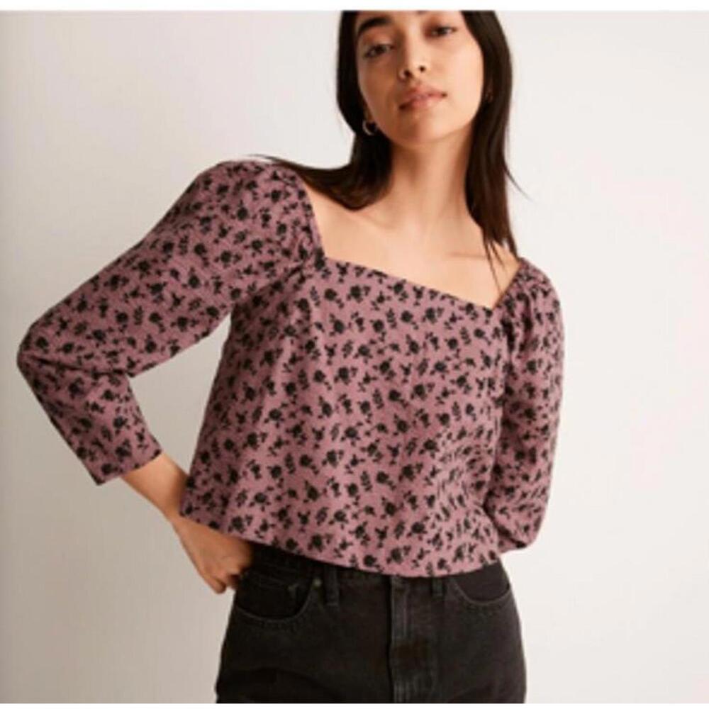 NWT Madewell Seersucker square neck top floral pink and black size XL